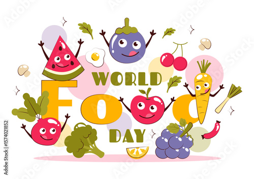 World Food Day Vector Illustration on October 16, Featuring a Variety of Foods, Fruits, and Vegetables in a Flat Style Cartoon Background