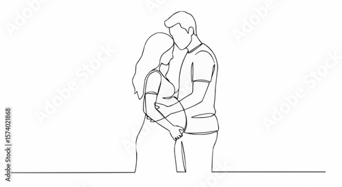 A line art illustration capturing the tender moment of an expecting couple.