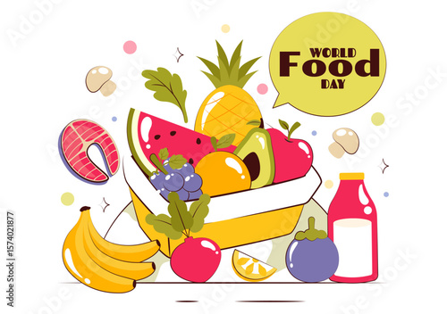 World Food Day Vector Illustration on October 16, Featuring a Variety of Foods, Fruits, and Vegetables in a Flat Style Cartoon Background