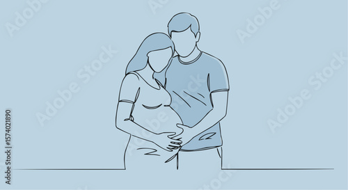 A pregnant couple embracing with love, in a minimalist one-line drawing.