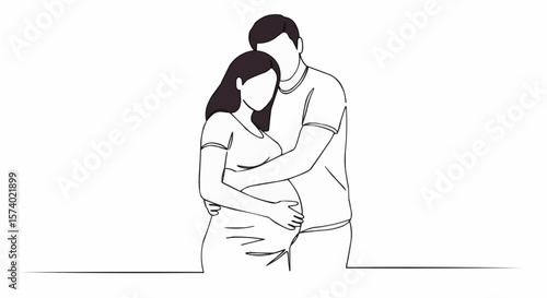 A line drawing of a couple embracing, with a focus on the woman's pregnancy. 