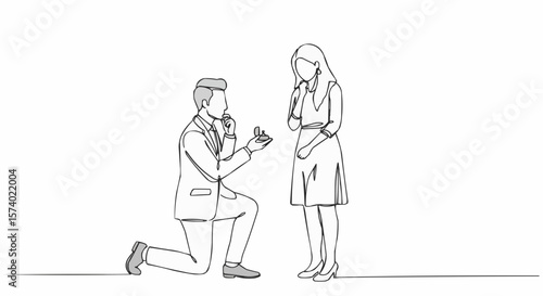 A marriage proposal with a person down on one knee, presenting a ring to a person