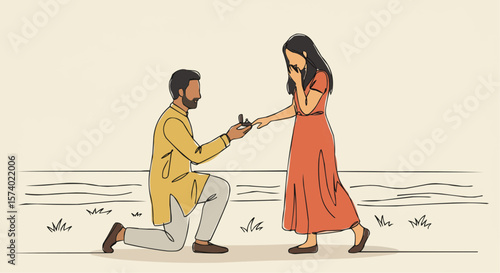 Man proposing to woman by the sea.