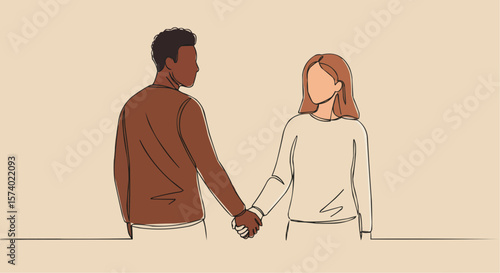An interracial couple holding hands in a minimalistic style, embodying connection and unity.