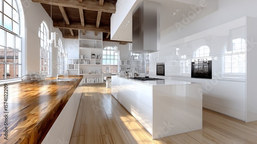 Modern loft kitchen with exposed beams, large windows, and a light and airy design.