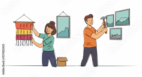 A couple hanging wall decorations in their new home, symbolizing a fresh start.