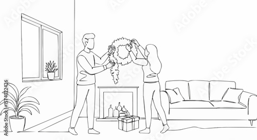 Couple decorating Christmas wreath together at home. 