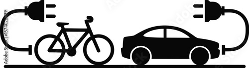 Illustration of an electric bicycle and car with charging plugs on a horizontal line in black color