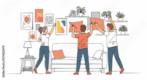 Three young adults decorating their living room together.