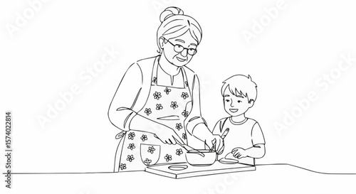 Grandmother and grandson enjoy cooking together in the kitchen.