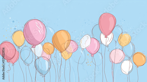 hand-drawn balloons on a blue background, playful and airy style. AI generation
