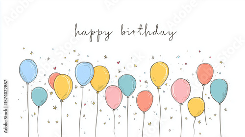 birthday card with pastel balloons and handwritten “happy birthday”. AI generation