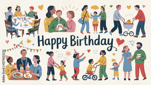 Joyful families celebrate birthdays creating cherished memories in vibrant, festive scenes
