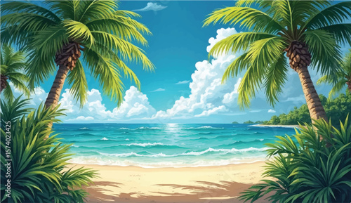 Illustration of palm trees on beach shore by sea at sunset Flowers and plants drawn with black and colored green olive ink. Simple line art illustration. Seamless pattern with abstract floral print. 