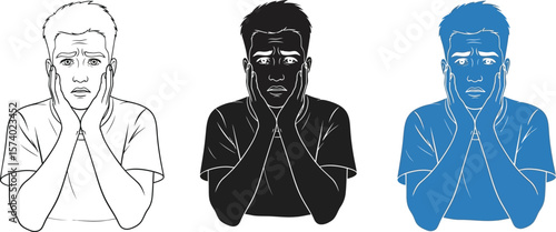Three vector illustrations of a worried man holding his face in distress pose