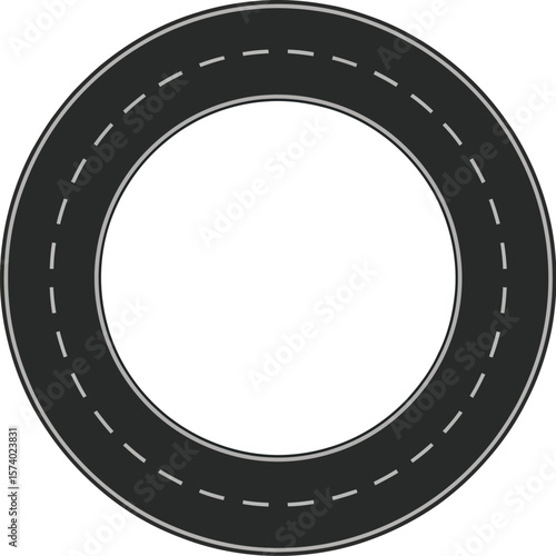 A circular road with dashed white lines on a blue background in a simple graphic illustration style