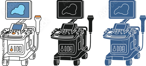 Three illustrations of ultrasound machines with screens and control panels visible