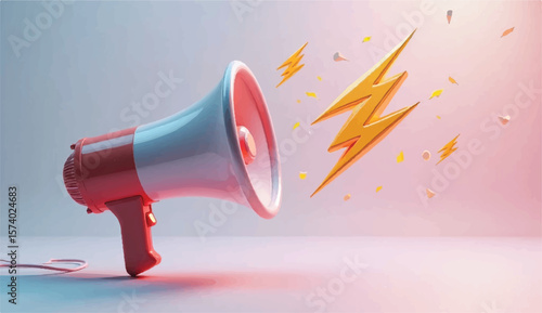 Marketing time concept,plastic realistic 3d megaphone, plastic loudspeaker with lightning. Vector illustrationMarketing concept. 3D cartoon megaphone with lightning. Marketing time concept. Vector 3d 