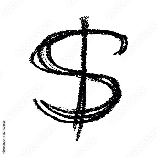 Hand drawn dollar currency symbol. Brush stroke doodle. Single element for design