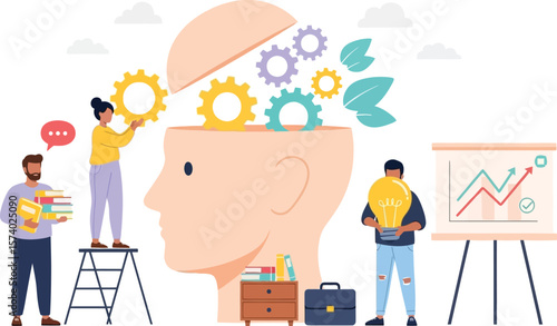 Illustration of people working around an open head with gears and business chart