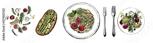 Hand drawn line food illustration vector. Pasta, bruschetta, forks, vegetable salad