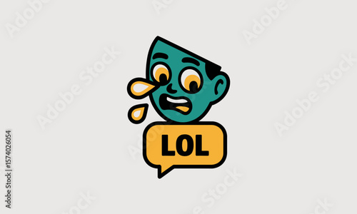 Humorous cartoon face crying tears of laughter with 'LOL' text bubble. Funny illustration for digital communication and social media.