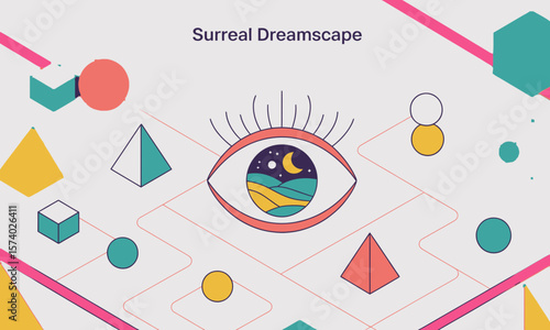 Surreal Dreamscape Eye with Geometric Shapes and Abstract Lines, Modern Vector Illustration