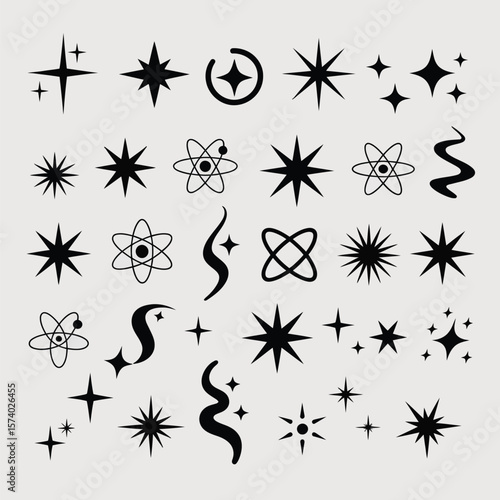 Black Starbursts and Atomic Symbols on Light Gray Background