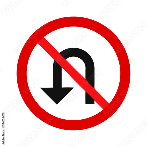 A red and white no uturn sign with a black arrow isolated on white background