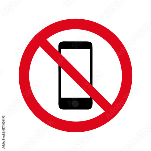 A red and white no phone sign with a black smartphone isolated on white background