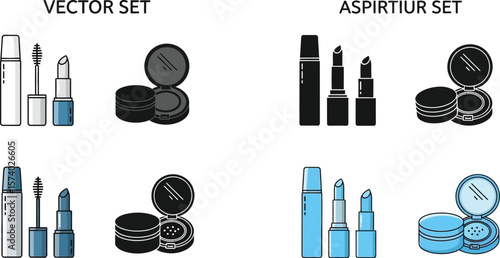 Illustration of makeup sets with mascara lipstick and powder in different styles