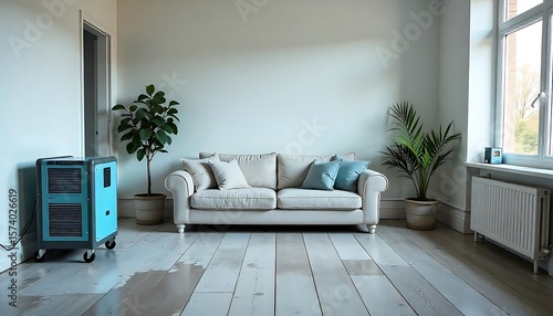 Living room fans, dehumidifier, water damage, structural drying, vector illustration, created with generative ai