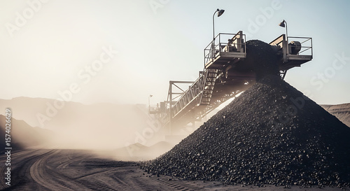 A large pile of rocks is being produced by a conveyor belt in an industrial area.