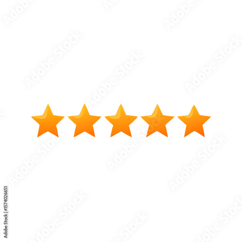 Five gold stars in a row represent a top rating isolated on white background