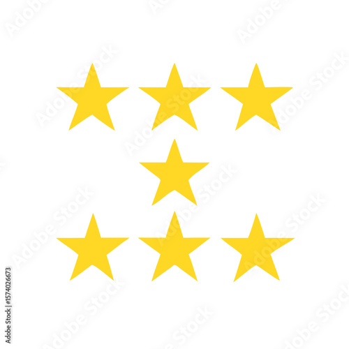 Seven gold stars arranged in a pattern represent a top rating isolated on white background