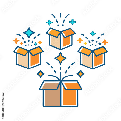 Four open boxes with stars and sparkles coming out of them, isolated on white background