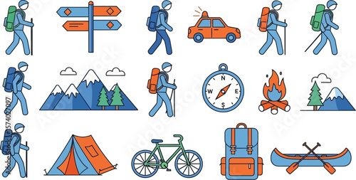 A collection of camping and hiking icons including people signs and equipment items