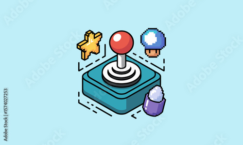 Isometric Retro Gaming Joystick with Pixel Art Game Icons