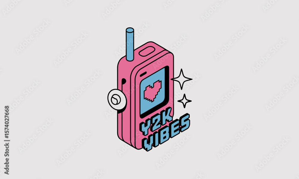 Naklejka premium Y2K Vibes Retro Mobile Phone Icon. Isometric Pink Cellphone with Heart and Sparkle. Early 2000s Aesthetic Digital Design.