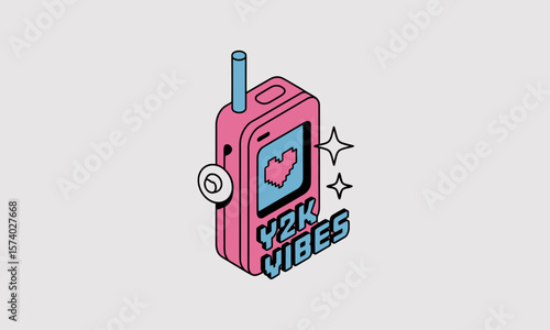 Y2K Vibes Retro Mobile Phone Icon. Isometric Pink Cellphone with Heart and Sparkle. Early 2000s Aesthetic Digital Design.