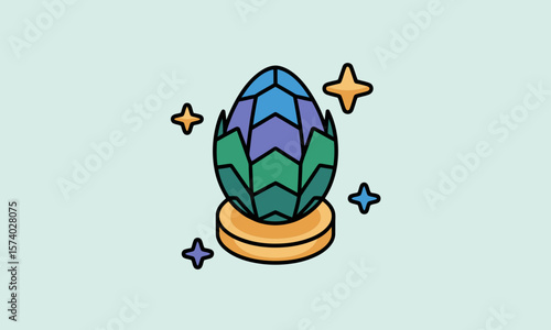 Stylized Faceted Gem Egg on Pedestal with Sparkles Vector Icon