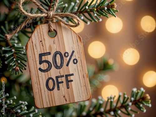 Wooden tag reading 50% off hanging on Christmas tree with lights  