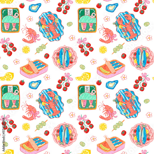 La Dolce Vita – Italian Seafood Seamless Pattern with Lobster, Sardines, Tomatoes & Retro Canned Fish on Black Background