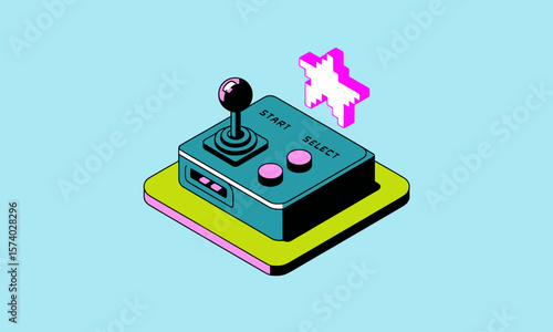 Isometric Retro Gaming Controller with Pixel Star Icon. Nostalgic Arcade Joystick Design in Vibrant Colors.