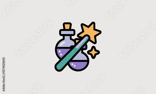Magic potion bottles with wand conjure fantasy in isolated illustration, depicting fairytale concept with colorful outline and flat design.