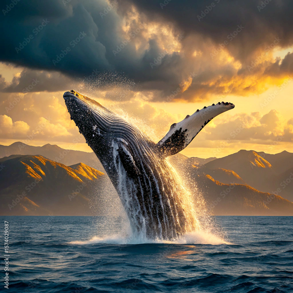 Fototapeta premium Majestic humpback whale breaches the ocean surface during a golden sunset