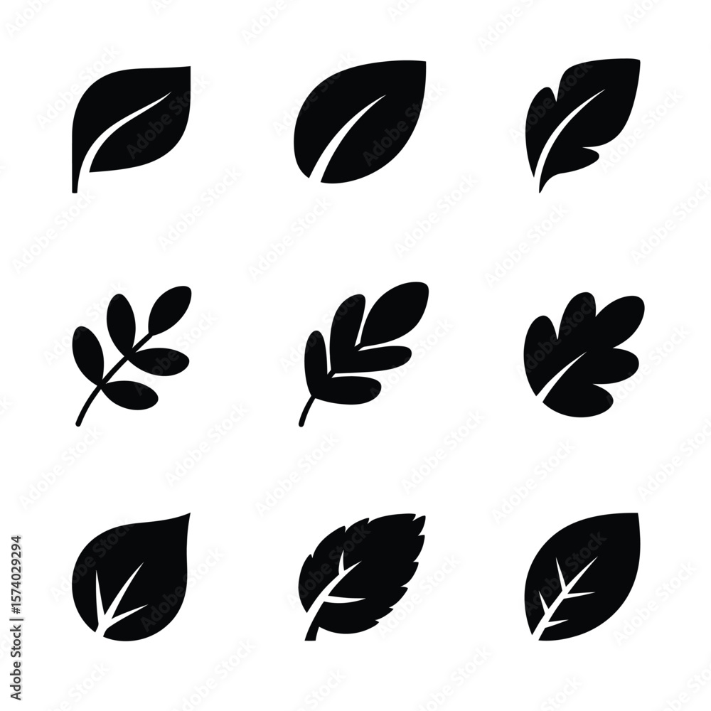 Nine Black Leaf Silhouettes on White Background leaves Nine Black Leaf Silhouettes on White Background leaves