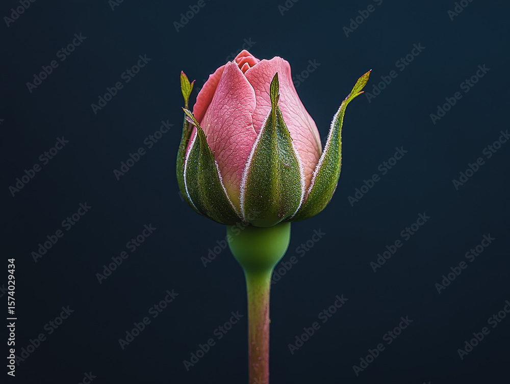 Fototapeta premium Delicate pink rosebud with dewdrops on its petals stands against dark background, highlighting its vibrant color and fresh appearance. close up captures intricate details of flower