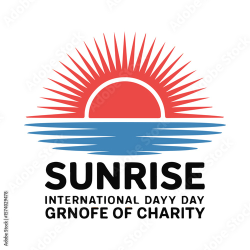 Red sun rising over blue water with text sunrise orange