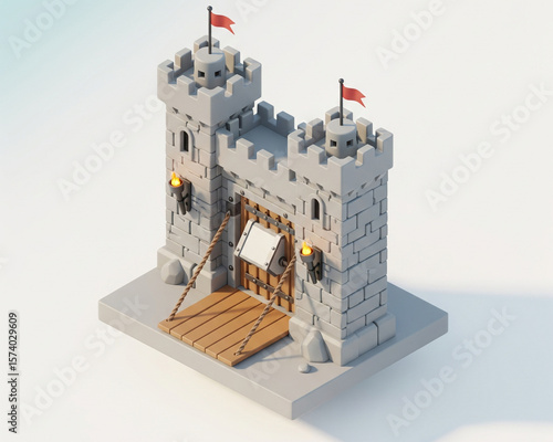 3D isometric illustration of a medieval castle gatehouse with towers, flags, and a lowered drawbridge.